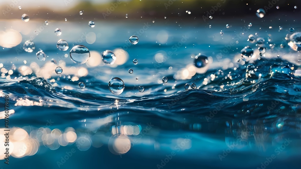 De-focused blurred transparent blue colored clear calm water surface texture with splashes and bubbles. Trendy abstract nature background. Water waves in sunlight with copy space De-focused blurred transparent blue colored clear calm water surface texture with splashes and bubbles. Trendy abstract nature background. Water waves in sunlight with copy space