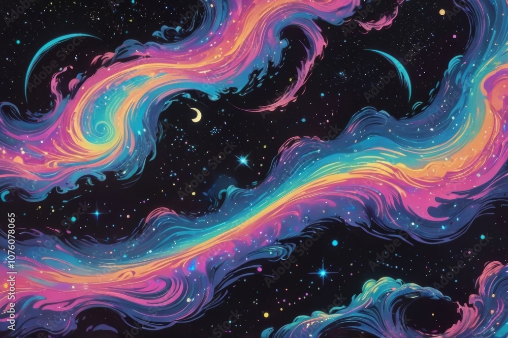 Obraz premium wavey pastel galaxy illustration with stars at night, beautiful pink blue purple wavey design in galaxy space, abstract background with stars