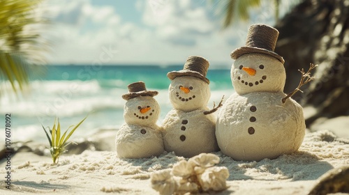 Christmas family of snowmen crafted from sand on a tropical beach, featuring creative holiday decorations with a festive winter touch in a warm coastal setting photo