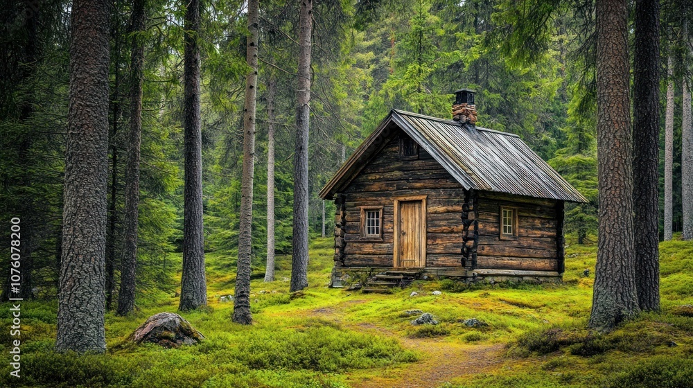 A rustic wooden cabin nestled in a lush forest, surrounded by tall trees and greenery. A rustic wooden cabin nestled in a lush forest, surrounded by tall trees and greenery.