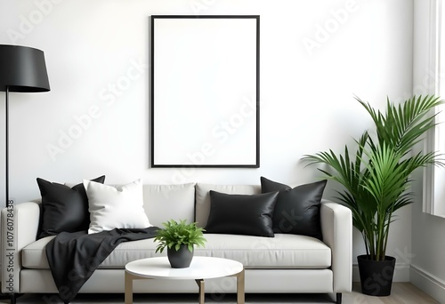 A modern living room with a gray sofa, black and brown throw pillows, a white coffee table, and a potted plant.