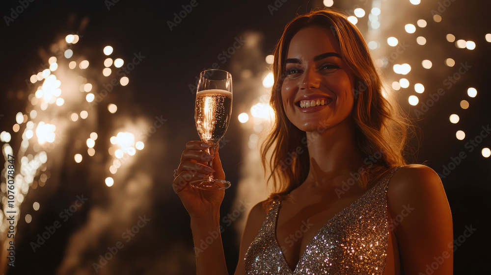 A beautiful Caucasian woman in an elegant silver sequin dress, holding a champagne glass and toasting under fireworks lighting up the night sky as she celebrates New Year 2025