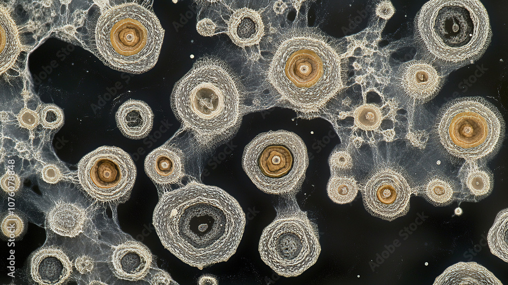 Microscopic view of fungal spores spreading, highlighted by subtle lighting, showing intricate cellular details on a dark background, emphasizing the complexity and structure of fungal life forms. Microscopic view of fungal spores spreading, highlighted by subtle lighting, showing intricate cellular details on a dark background, emphasizing the complexity and structure of fungal life forms.