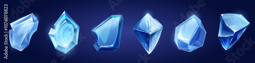 Blue crystals set isolated on background. Vector cartoon illustration of shiny mineral stones of abstract shape, ice rocks with light reflection, gemstone for game ui design, treasure cave elements