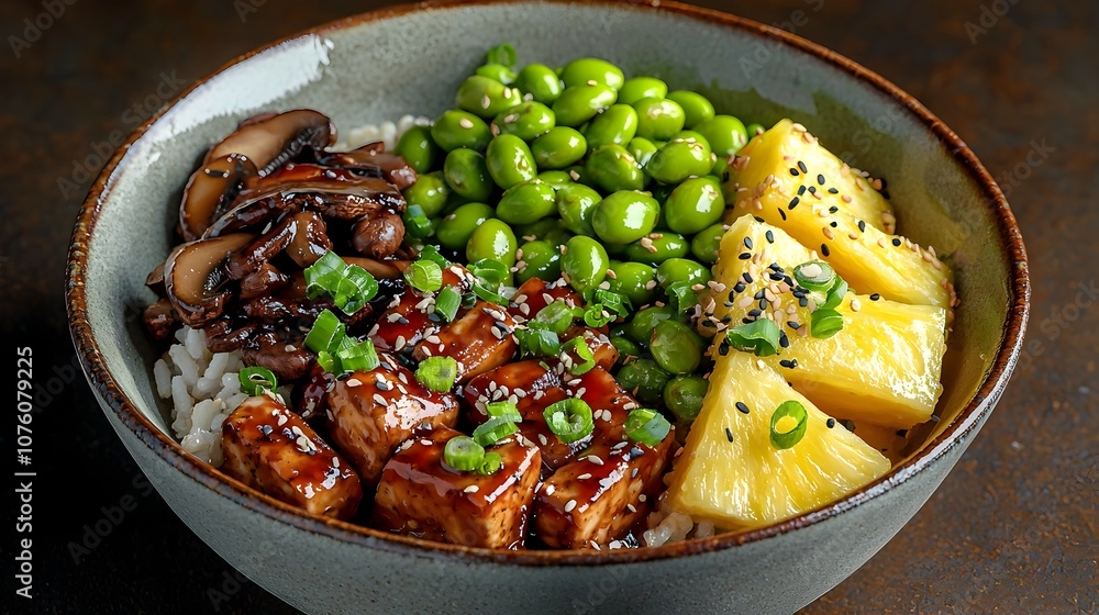 A vegan poke bowl featuring marinated tofu or mushrooms pineapple slices edamame and a tangy ginger soy dressing presented in a stylized painterly with loose expressive brushstrokes and a warm A vegan poke bowl featuring marinated tofu or mushrooms pineapple slices edamame and a tangy ginger soy dressing presented in a stylized painterly with loose expressive brushstrokes and a warm