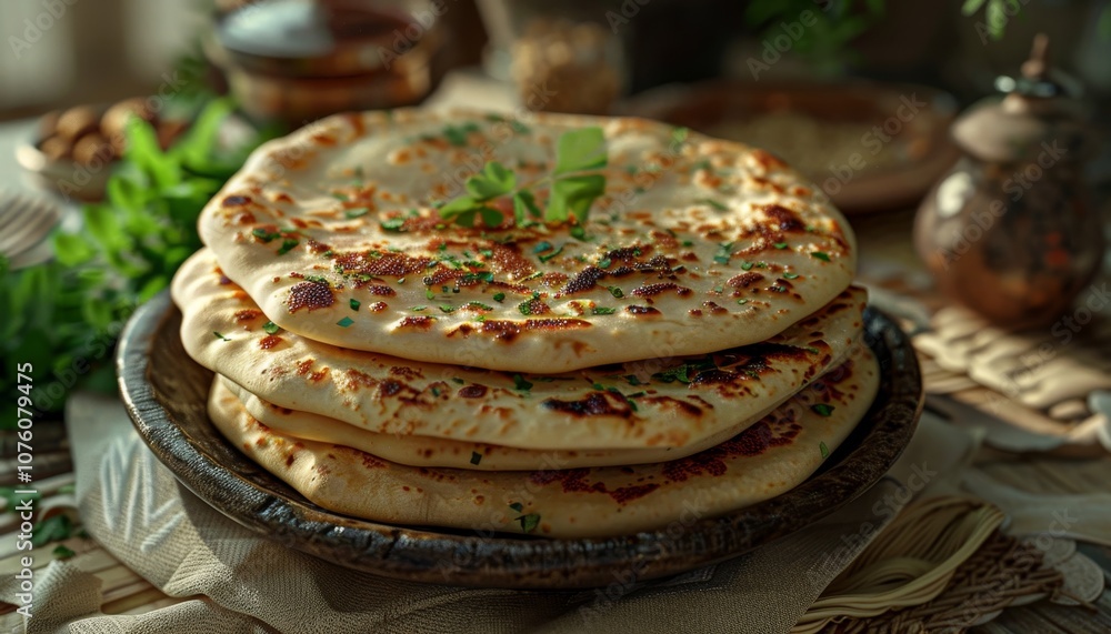 A stack of freshly baked flatbreads on a wooden plate, garnished with fresh herbs. A stack of freshly baked flatbreads on a wooden plate, garnished with fresh herbs.