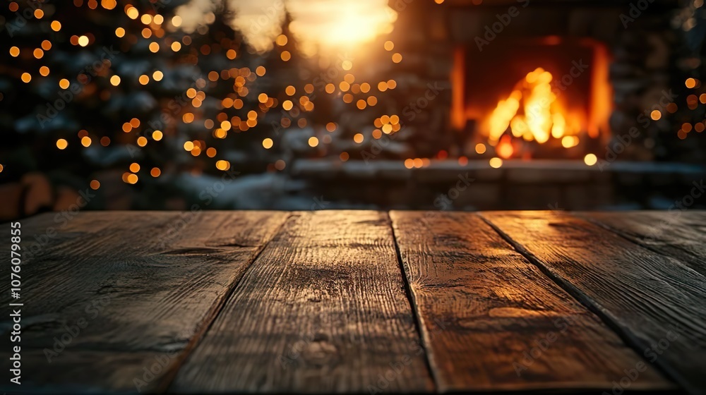 Rustic Wooden Table with Blurred Fireplace Background for a Cozy Winter Ambiance – Perfect for Seasonal Displays