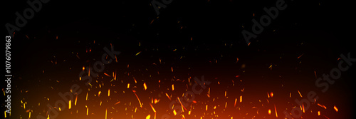 Fire sparks floating upward on dark background. Glowing orange embers with bright red streaks. Hot backdrop with burning particles and smoke elements with light effect. Realistic vector flame bg.