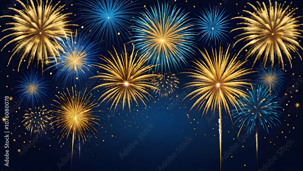 Naklejka premium New year celebration fireworks on dark blue background, New year 2025 eve party.