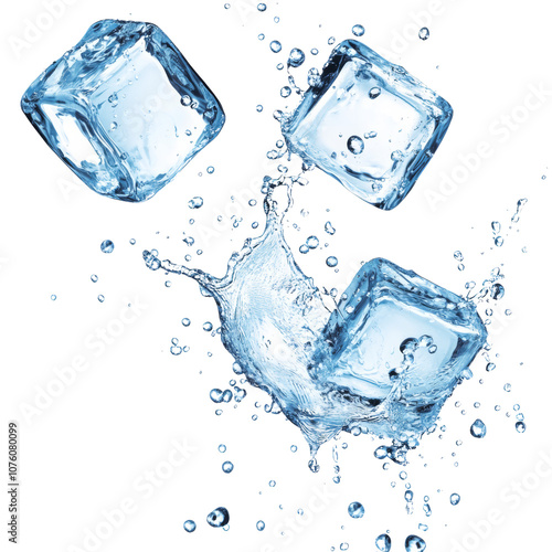 Ice Cubes Splashing into Water isolated on a transparent PNG background