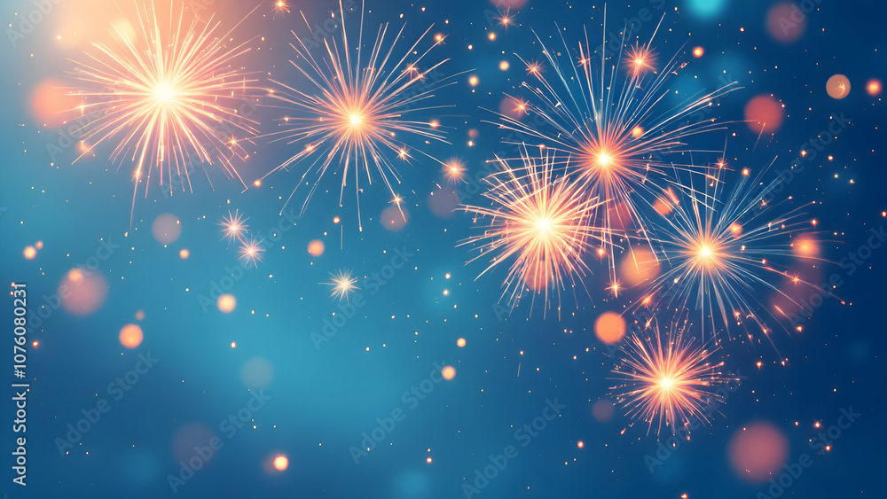 Naklejka premium New year celebration fireworks on dark blue background, New year 2025 eve party.