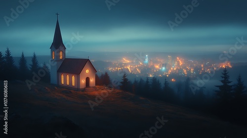 A quiet, rural church on a hill overlooking a sprawling, neon-lit cityscape in the distance, blending peaceful spirituality with the intensity of city lights, soft dusk lighting. --ar 16:9