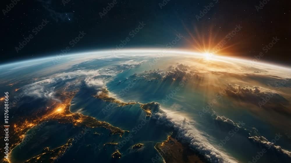 A breathtaking view of the Earth from space with a golden sunrise illuminating the clouds and horizon. A breathtaking view of the Earth from space with a golden sunrise illuminating the clouds and horizon.
