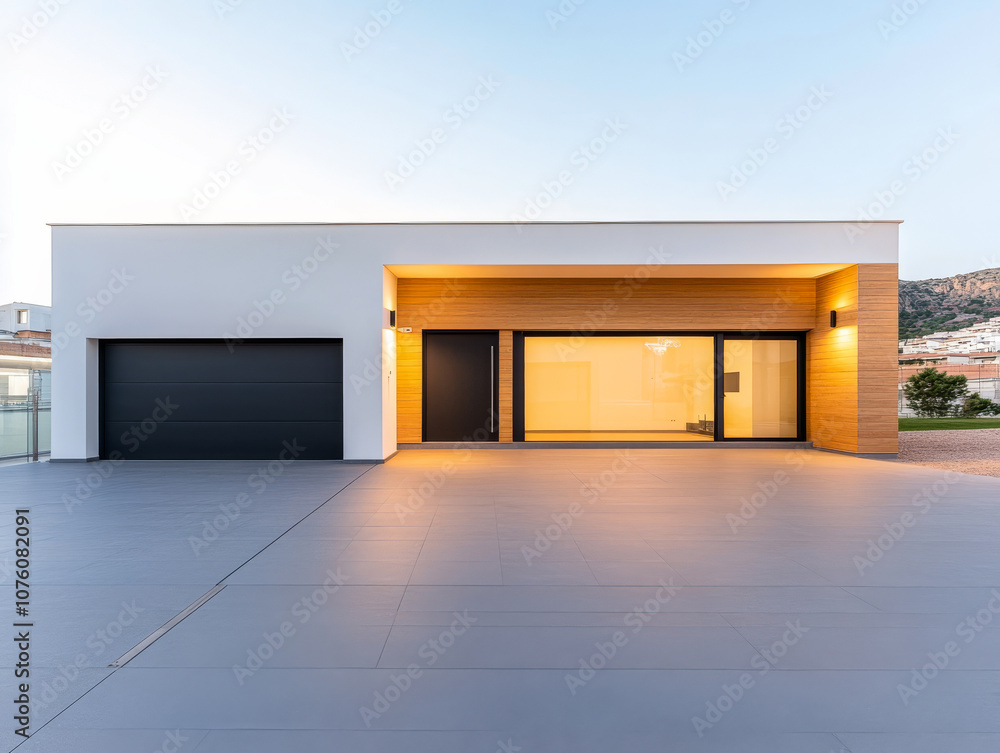 Modern residential building with sleek design and warm lighting in the early evening Modern residential building with sleek design and warm lighting in the early evening