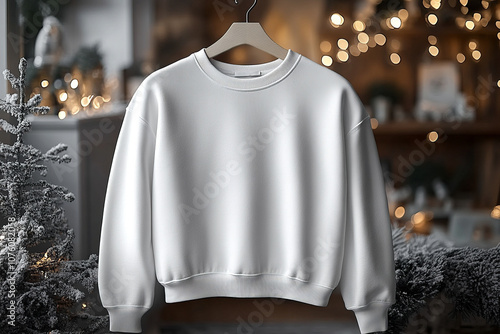 a mockup of a white sweatshirt hanging on a hanger. the background has a christmas vibes