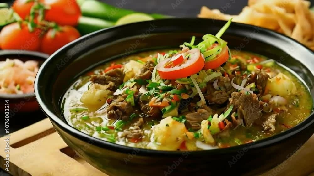A Bowl of Delicious, Steaming Hot Soup with Meat, Vegetables, and Herbs A Bowl of Delicious, Steaming Hot Soup with Meat, Vegetables, and Herbs
