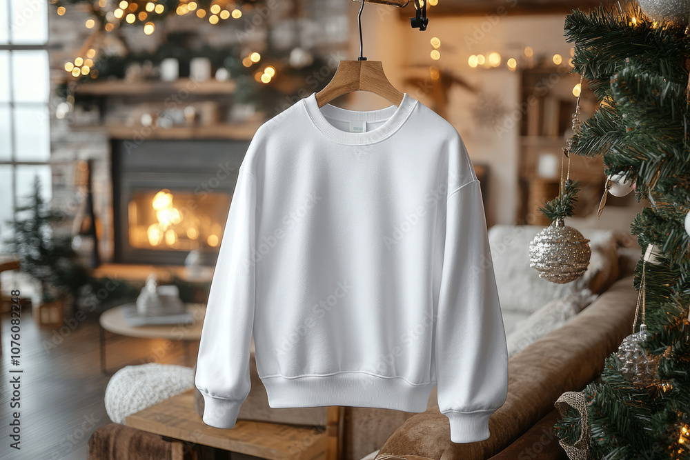 a mockup of a white sweatshirt hanging on a hanger. the background has a christmas vibes