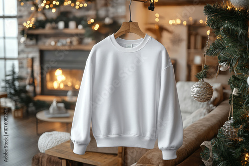 a mockup of a white sweatshirt hanging on a hanger. the background has a christmas vibes