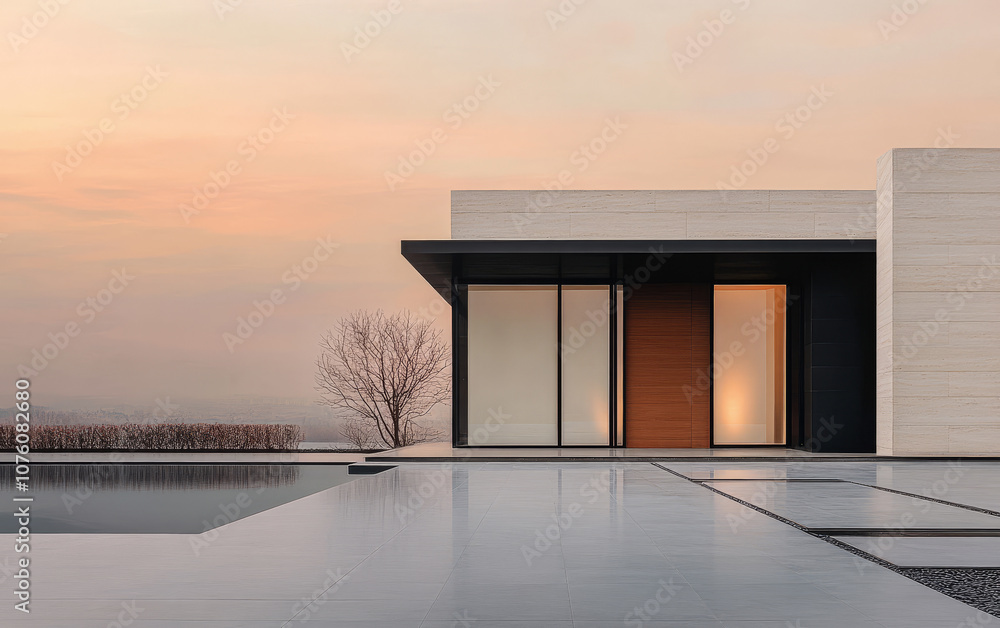 Modern architecture overlooking a serene pool at sunset in a tranquil setting Modern architecture overlooking a serene pool at sunset in a tranquil setting