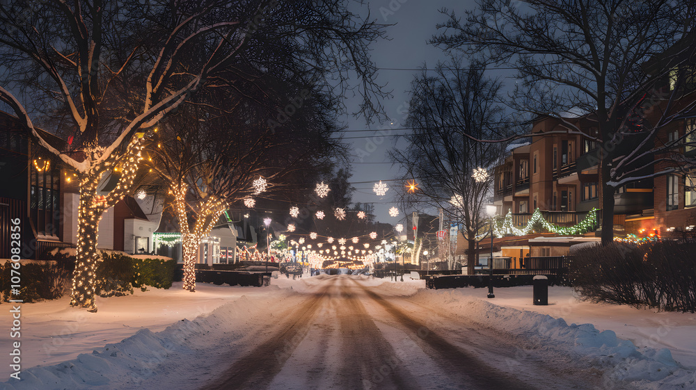 A snowy street lined with trees and houses adorned with Christmas lights and wreaths, creating a festive winter scene. A snowy street lined with trees and houses adorned with Christmas lights and wreaths, creating a festive winter scene.