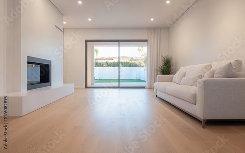 Wallpaper Mural Bright and modern living room with sliding glass doors and a cozy couch in a contemporary home Torontodigital.ca