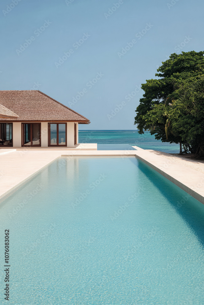Fototapeta premium A tranquil beachfront villa with a serene swimming pool overlooking the ocean in the afternoon