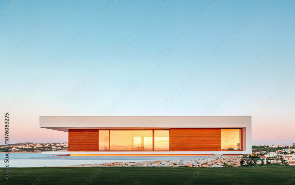 Modern minimalist house with panoramic views at sunset in a coastal location Modern minimalist house with panoramic views at sunset in a coastal location