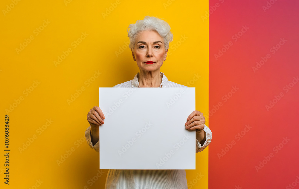 Person with Gray Hair Holding White Paper Against Bright Yellow and Pink Background with Space for Text Person with Gray Hair Holding White Paper Against Bright Yellow and Pink Background with Space for Text