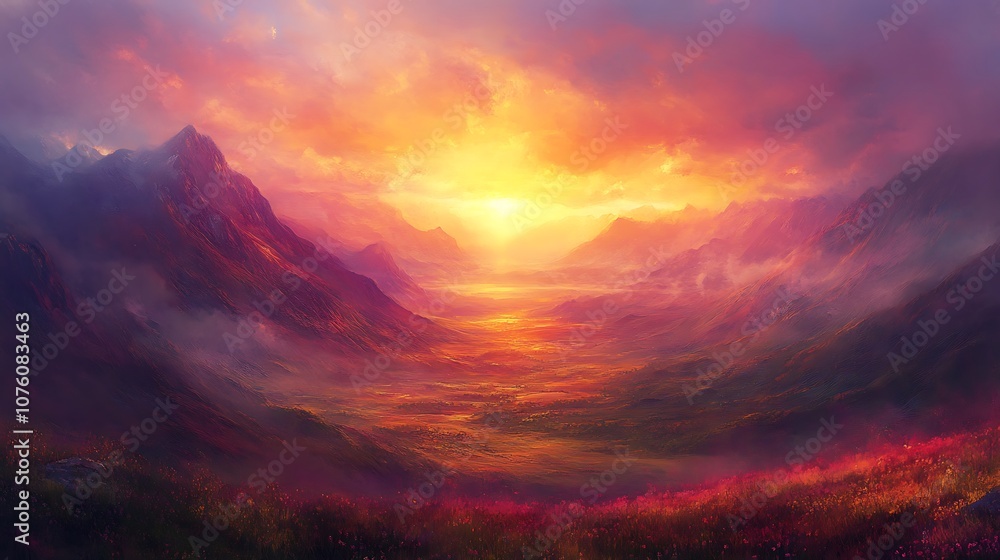 Fototapeta premium A valley covered in morning mist under a soft sunrise on one side, leading into a vibrant sunset with golden and crimson tones, mountains catching the shifting colors of both times. --ar 16:9