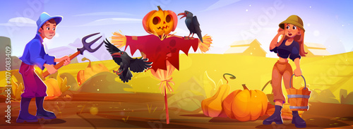 Cartoon farm landscape with scarecrow with jack o lantern head guarding pumpkin field. Farmer man with pitchfork drive away black crows while woman carries harvest bucket. Autumn rural scene at sunset