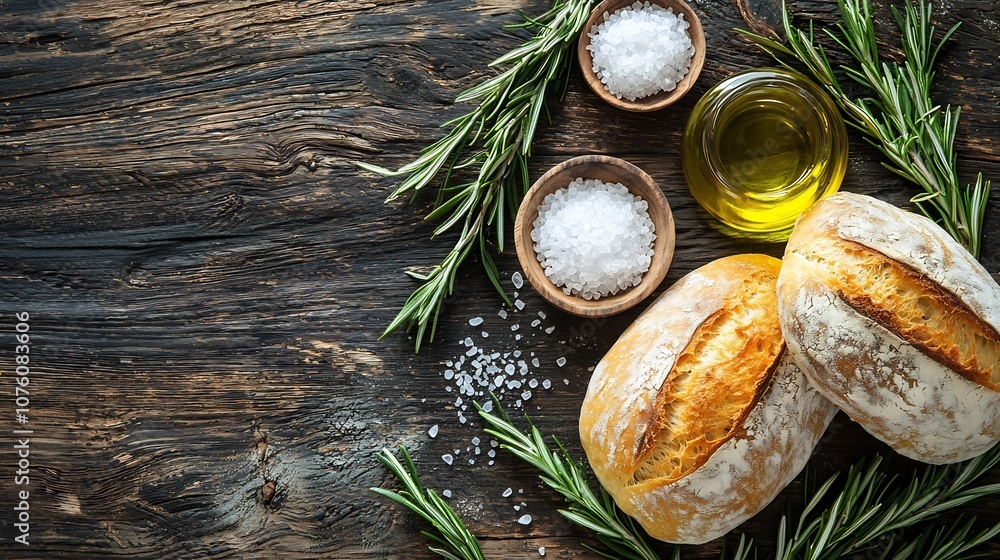 Freshly Baked Artisan Bread with Rosemary Olive Oil and Sea Salt on Rustic Wooden Table Freshly Baked Artisan Bread with Rosemary Olive Oil and Sea Salt on Rustic Wooden Table