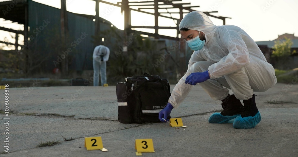 Forensics, person and sample of crime scene with evidence outdoor, dna investigation and murder inspection. Team, hazmat and police tape for blood review, swab observation and documentation protocol Forensics, person and sample of crime scene with evidence outdoor, dna investigation and murder inspection. Team, hazmat and police tape for blood review, swab observation and documentation protocol