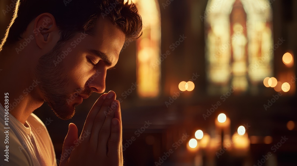 Praying Man in Soft Candlelight Inside Church Praying Man in Soft Candlelight Inside Church