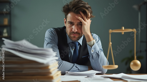 Homme d'affaires fatigué et débordé regardant avec ennui une pile de documents sur son bureau photo