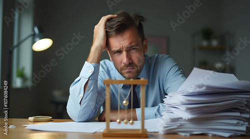 Homme d'affaires fatigué et débordé regardant avec ennui une pile de documents sur son bureau photo