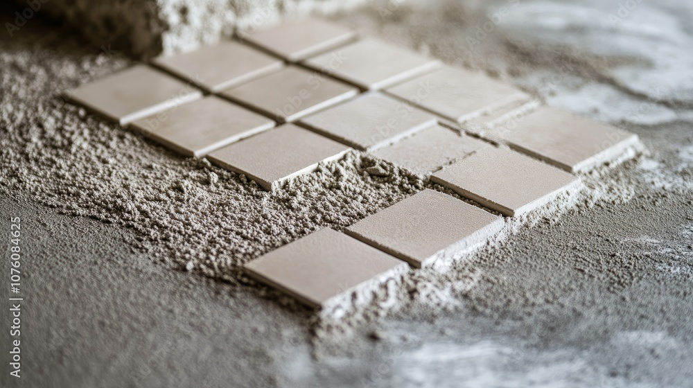 Close-up of ceramic tile adhesive spread evenly on surface, with textured cement background. Close-up of ceramic tile adhesive spread evenly on surface, with textured cement background.