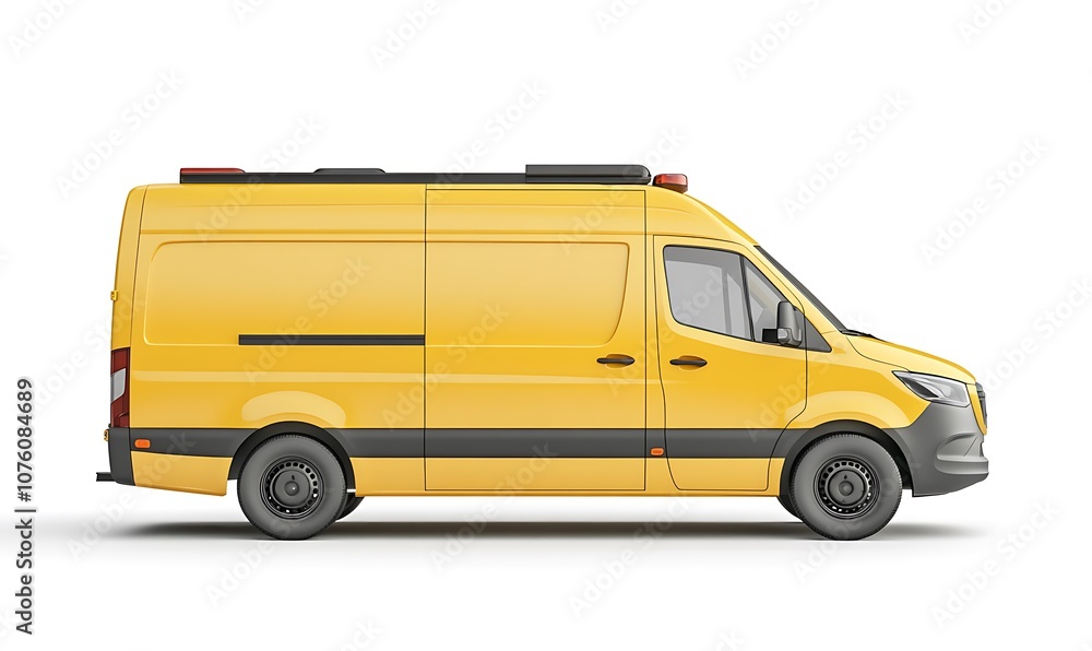 A side view of a yellow delivery van designed for transportation purposes. A side view of a yellow delivery van designed for transportation purposes.