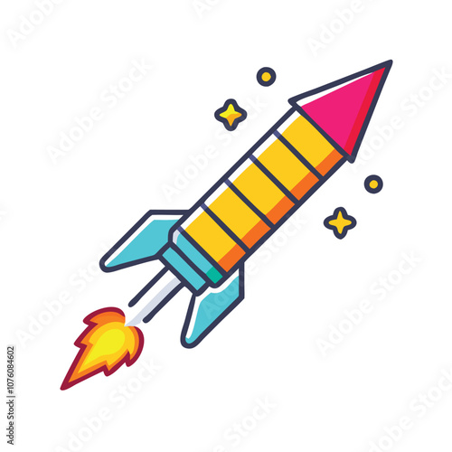 Cartoon rocket icon with flames and stars, Vector illustration of a colorful cartoon rocket launching with flames and surrounded by stars, symbolizing space travel, celebration, and exploration.
