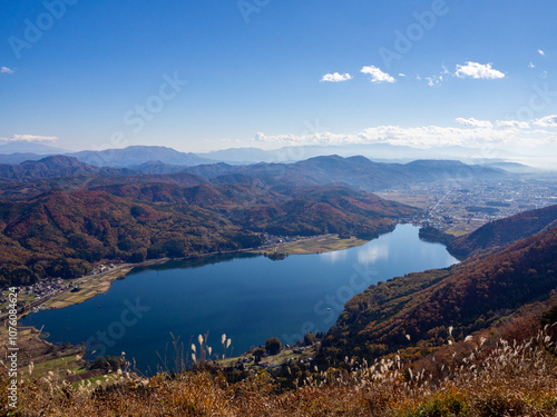 木崎湖と大町市の街並み photo