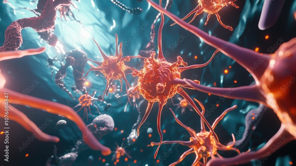 Close-up of virus being attacked by antibodies in the human body, depicted in a digital 3D style. Close-up of virus being attacked by antibodies in the human body, depicted in a digital 3D style.