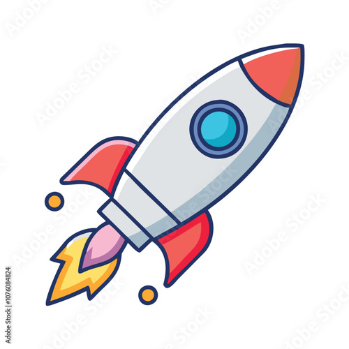 Colorful rocket icon launching with flames, Vector illustration of a rocket launching with a fiery trail, symbolizing space exploration, startups, and innovation.