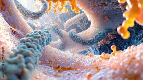 Close-up of virus being attacked by antibodies in the human body, depicted in a digital 3D style. photo