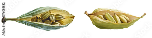 Set of choro or cardamom seeds inside the pod, isolated on a transparent background. photo