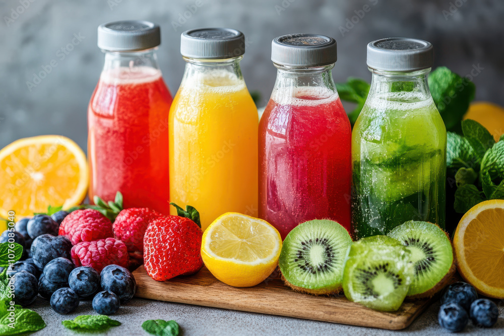 Refreshing and colorful fruit juices in glass bottles Refreshing and colorful fruit juices in glass bottles