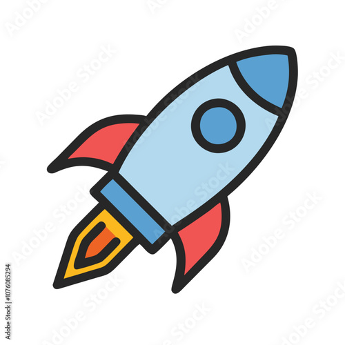 Colorful rocket icon launching with flames, Vector illustration of a rocket launching with a fiery trail, symbolizing space exploration, startups, and innovation.