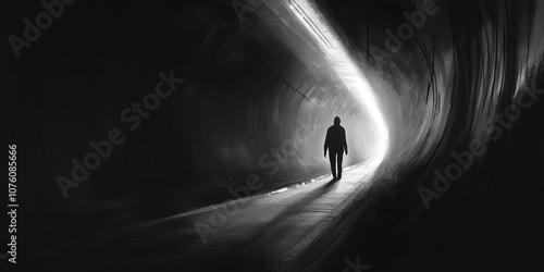 A solitary figure walks through a dark tunnel, illuminated by a distant light.