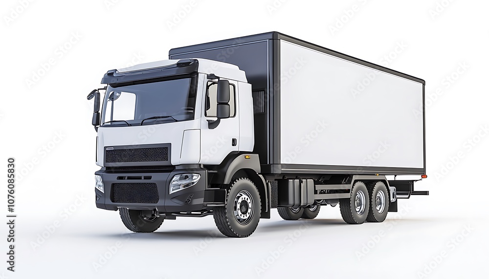 A white delivery truck with a large cargo box, designed for transporting goods. A white delivery truck with a large cargo box, designed for transporting goods.