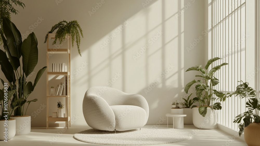 Cozy beige interior of living room with couch, Japandi style, wooden aesthetic, modern decor, White sofa straight on. Cozy beige interior of living room with couch, Japandi style, wooden aesthetic, modern decor, White sofa straight on.