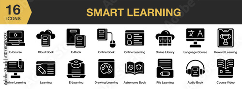 Smart Learning solid icon set. Includes reward, library, book, language, file, and More. Solid icons vector collection.