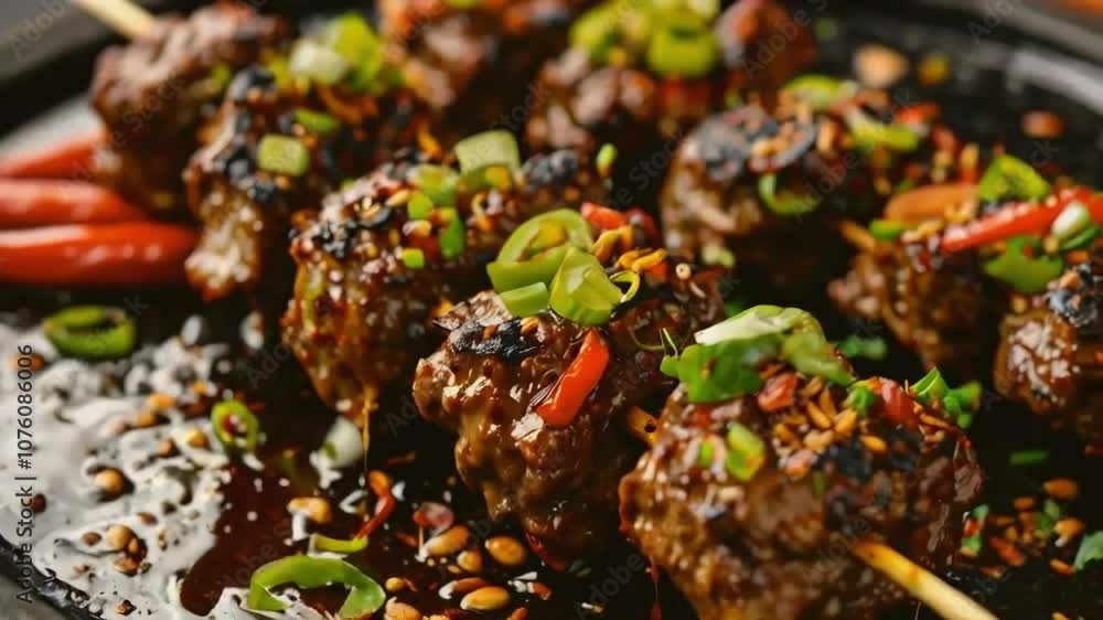 Close Up View of Delicious Grilled Meatballs Topped with Green Onions, Sesame Seeds, and Red Pepper Flakes Close Up View of Delicious Grilled Meatballs Topped with Green Onions, Sesame Seeds, and Red Pepper Flakes